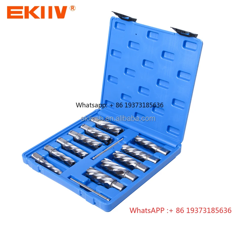 EKIIV Annular Cutter Set 11pcs 3/4 Inch Weldon Shank 7/16 to 1-1/16 for Drill Press HSS Standard Kit Two Flat with 2 Pilot Pins