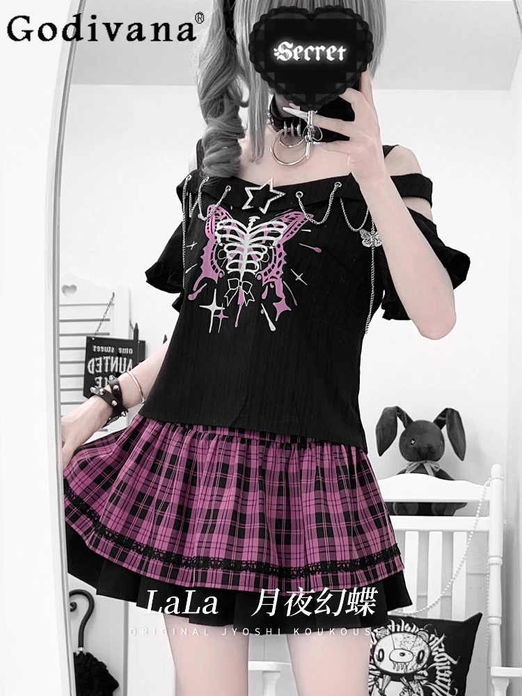 

Original Subculture Sweet Cool Top and Skirt 2-piece Set Japanese Girls Off-the-shoulder Straps Top+Skirt Set Womens Outfits