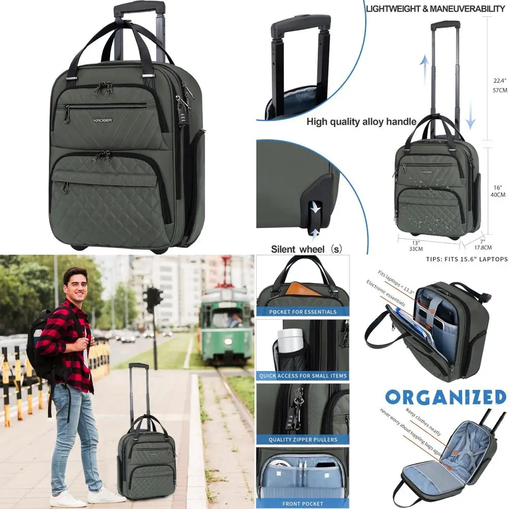 Lightweight 16-inch Multi-functional Underseat Overnight Suitcase for Women - Army Green, Compact Travel Bag