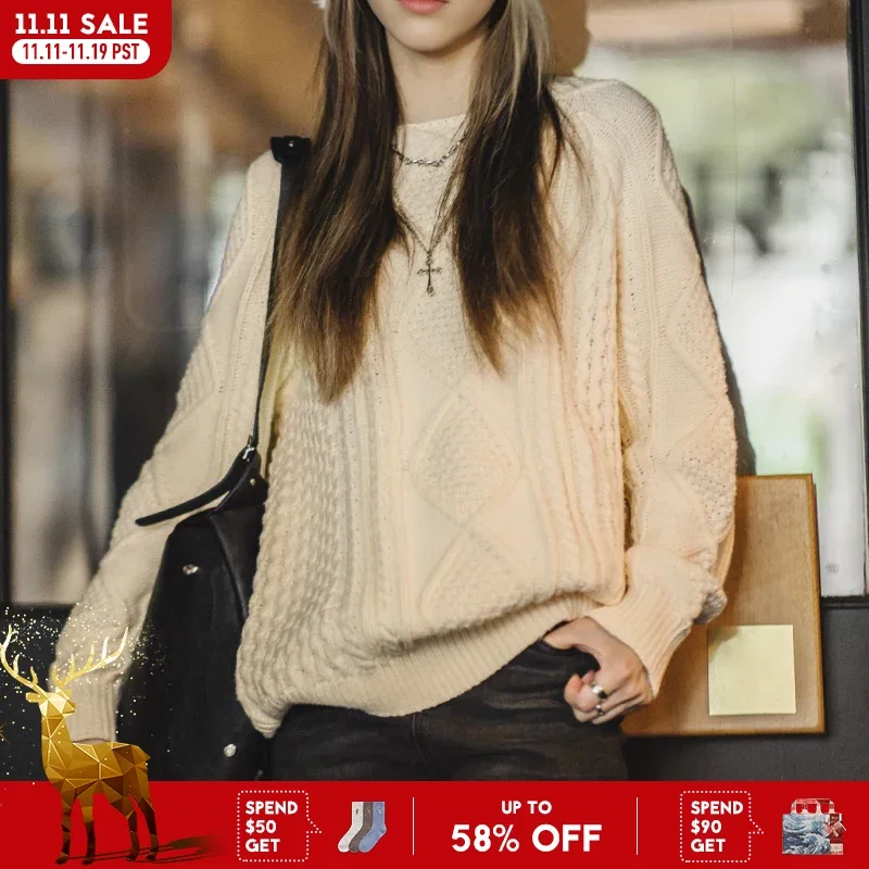 

Maden Autumn and Winter Beige Twisted Sweater for Women Thickened Knit Top Loose-fit Outerwear Pullover Crew Neck Warm Sweaters