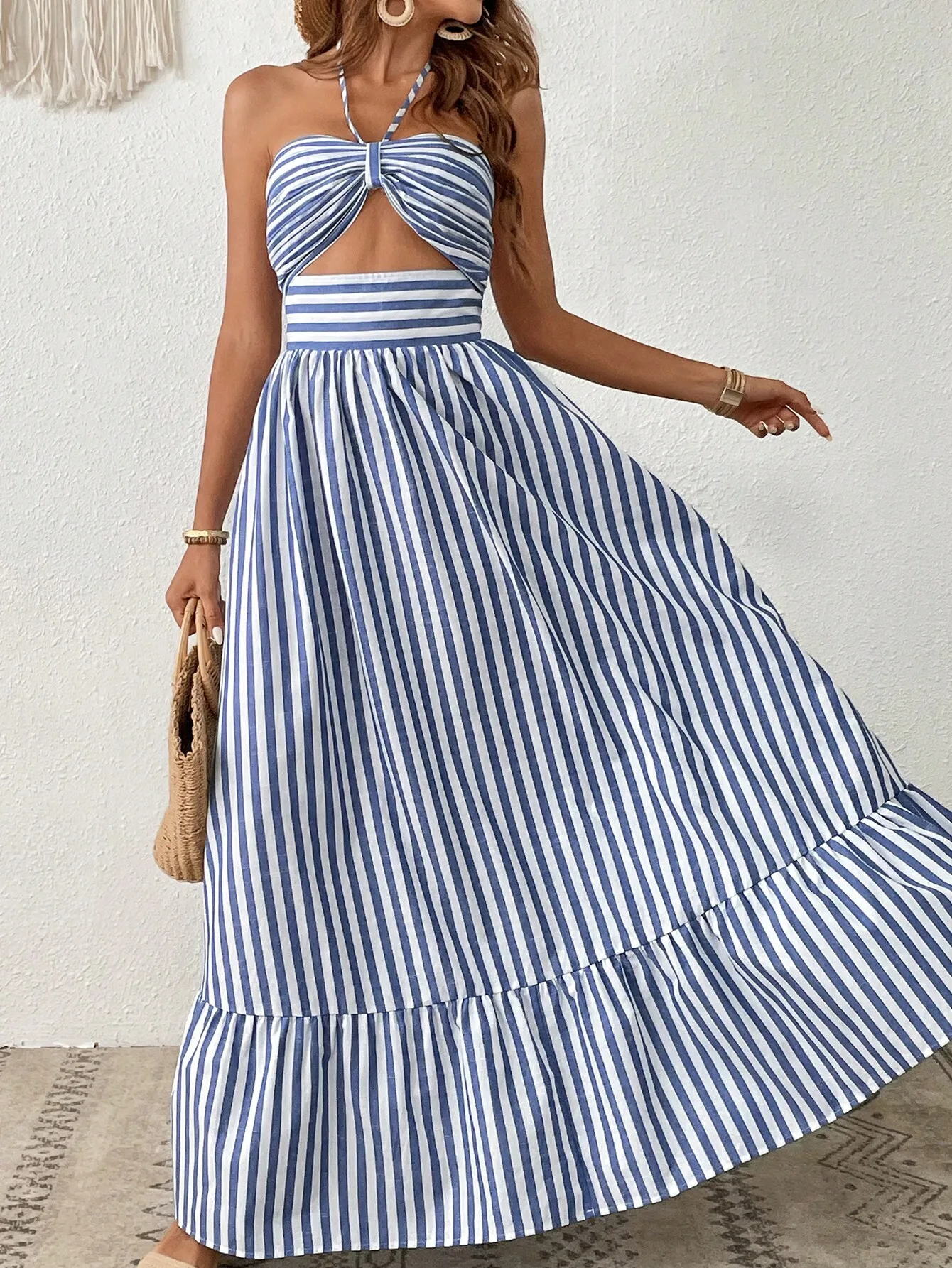

Women Vacation Striped Print Cut Out Ruffle Hem One Piece Summer Beach Halter Dress,Pastel Dresses For Women