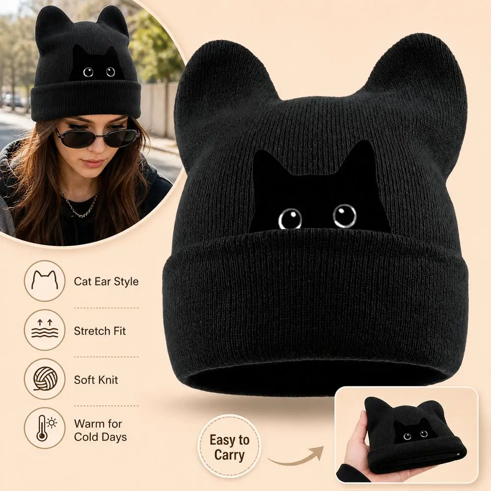 Fashion Knit Cat Ear Beanie Hat Stretchable Y2K Harajuku Brimless Skull Cap Punk Gothic Winter Knit Hat Spring Autumn Winter