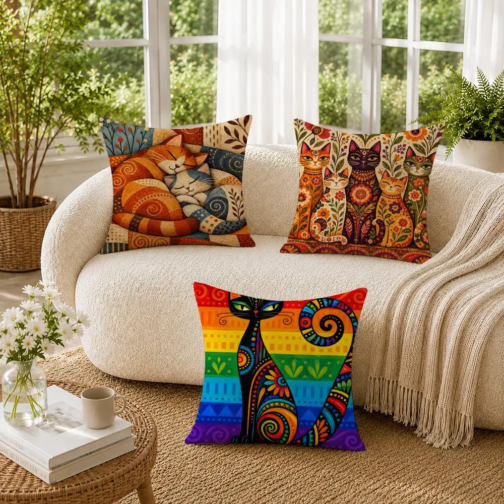 Whimsical Cat Art Abstract Colorful Cushion Cover Soft Pillow Cases Hidden Zipper Cutecore Sofa Bedroom Home Decor Gift 2