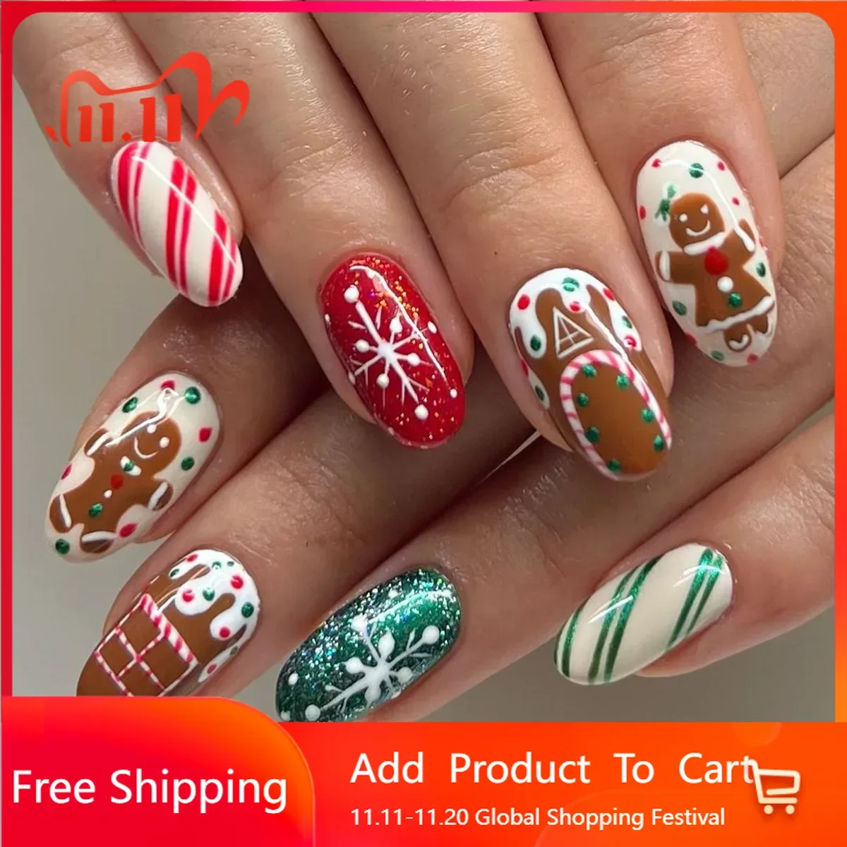 

24 шт., праздничный набор ногтей с героями мультфильмов, овальной формы, глянцевые накладные кончики ногтей, очаровательный пряничный пряник, снежинка для женщин и девочек