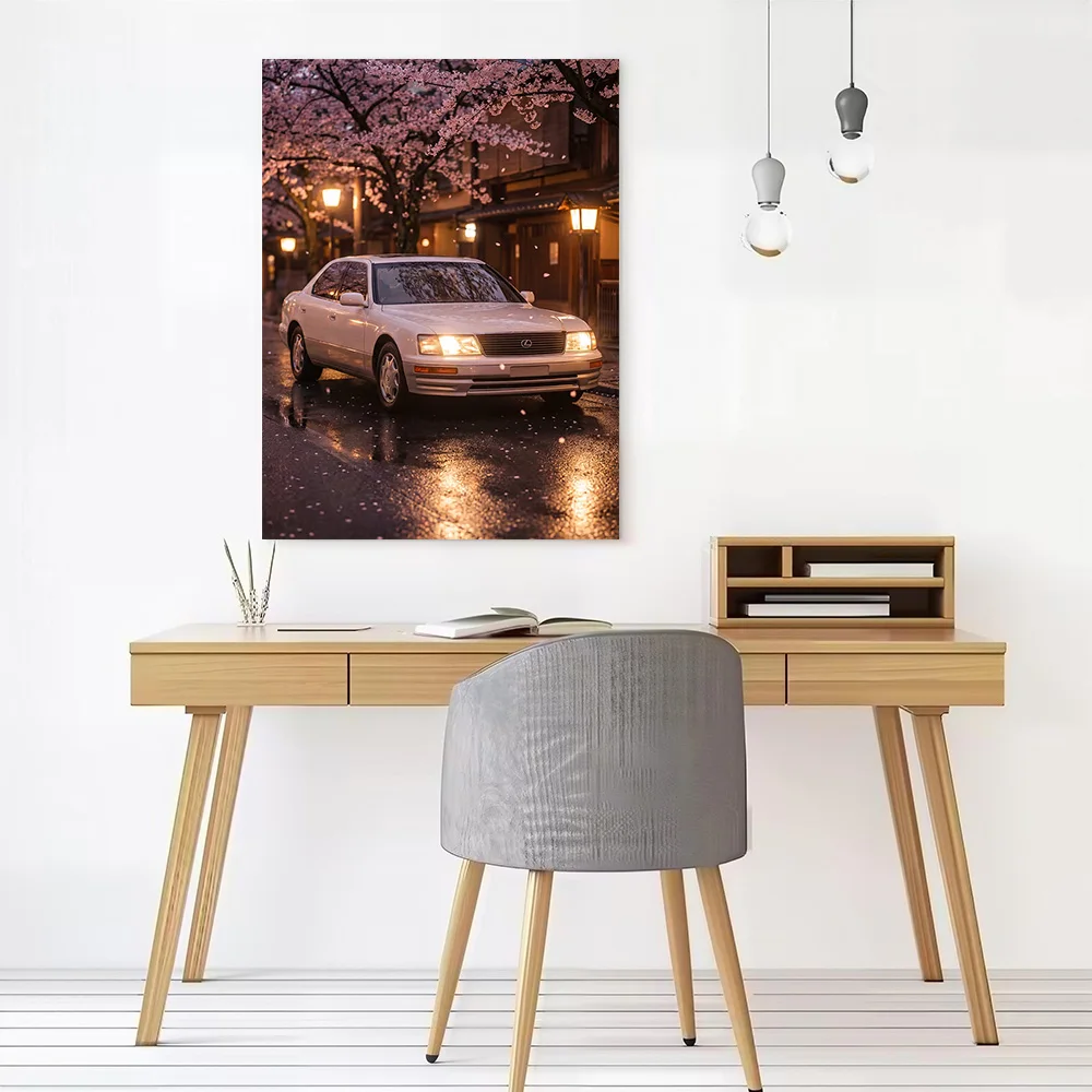 White Sports Car LS400 in Cherry Blossom Lane Printed Canvas Wall Art Customizable Paintings Poster Perfect Gift for Decor Room