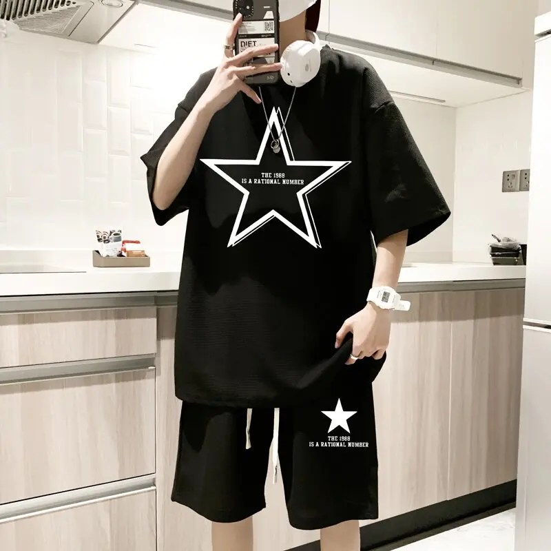 2025 Summer New Fashion Trend Printed Short Sleeve T-shirt Set Men's Casual Loose Sports Breathable Large Size Two-Piece Set