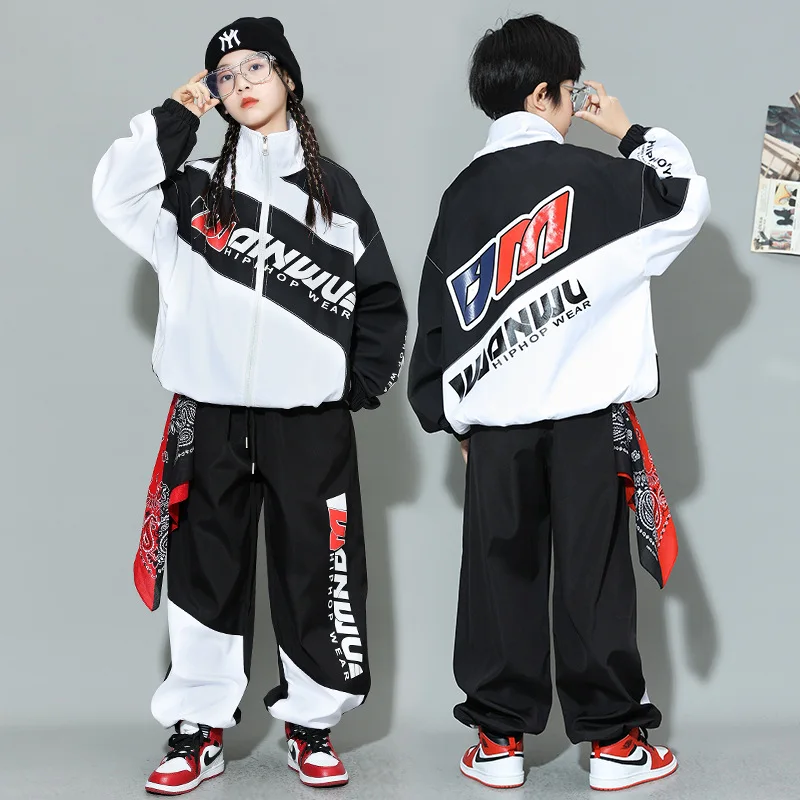 Kinder Hip Hop Hoher Kragen Kontrast Bomber Jacke Sport Hosen Jungen Street Dance Mantel Streetwear Mädchen Jazz Schuluniform