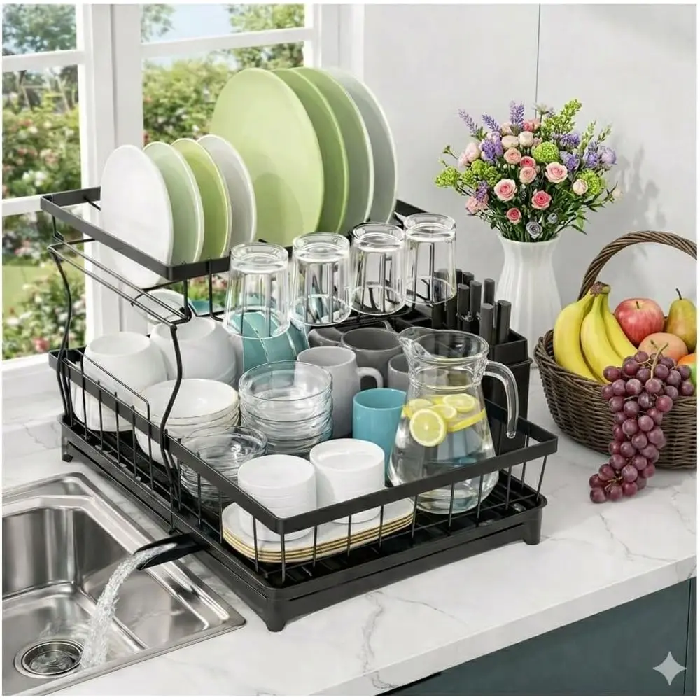 

CEASIN 2 Tier Dish Drying Rack, Premium Alloy Steel Dish Drainer or Kitchen Counter, Drainboard & Cup Holder, Anti-Rust & Space