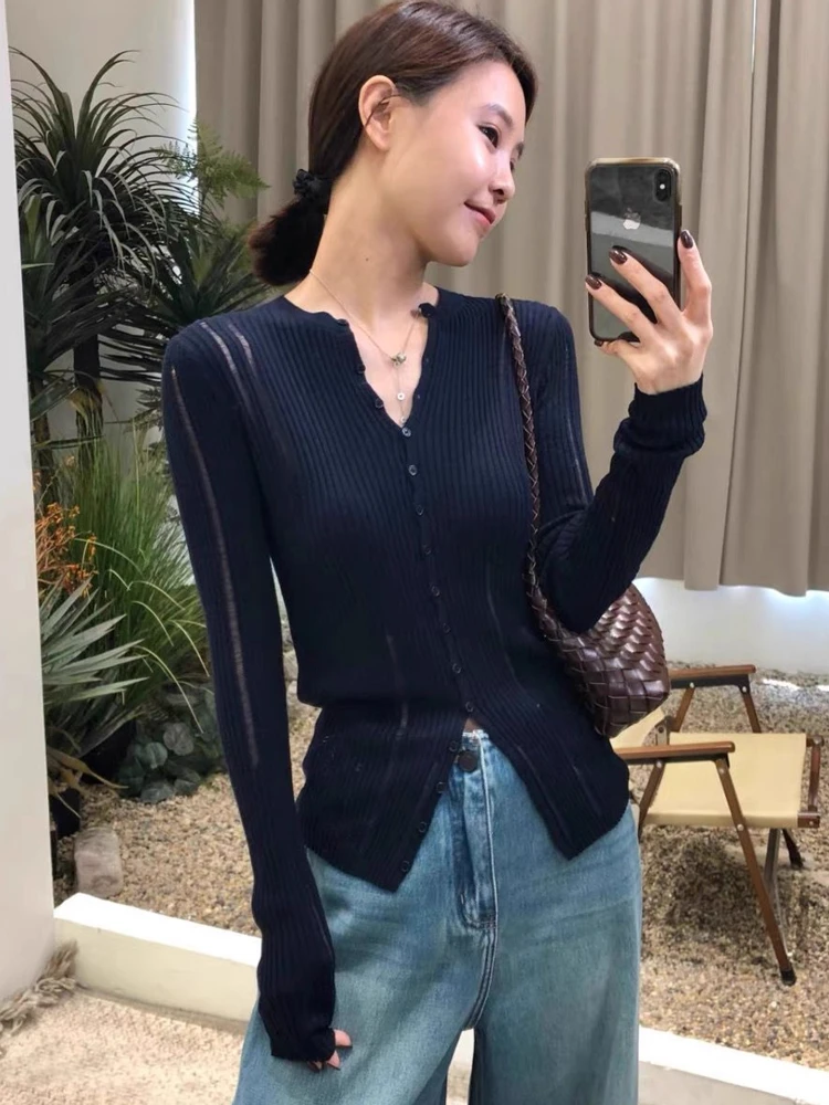 여성용 가을 신상 슬림핏 브이넥 가디건 베이스 탑 긴 소매 홀로우드 아웃 싱글 브레스티드 니트 스웨터
