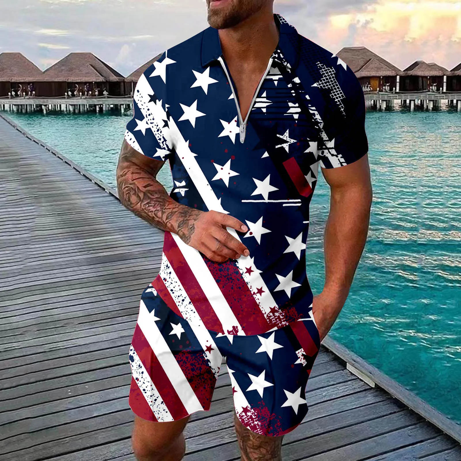 Men's Short Sleeve Independence Day Prints Zip Up Lapel T Shirt Summer Casual Holiday Shirts Tops Shorts Outfits And Suit