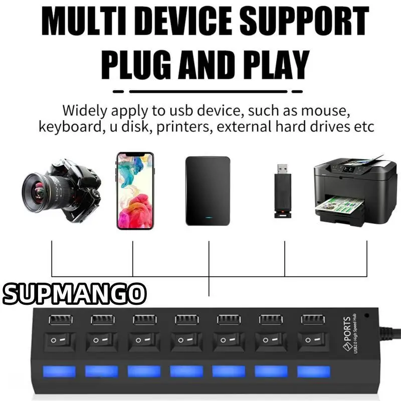 USB HUB USB Switch Hub 2.0 Adapter High Speed Multi 7 Ports Hub USB On Off Portable Splitter For Computer Laptop