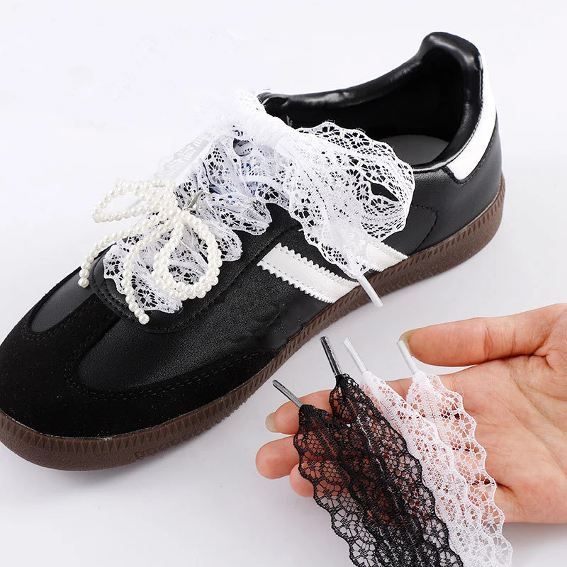 Black and white lace-woven shoelaces 2.9 cm wide decorative flat laces suitable for ballet shoes and sneakers