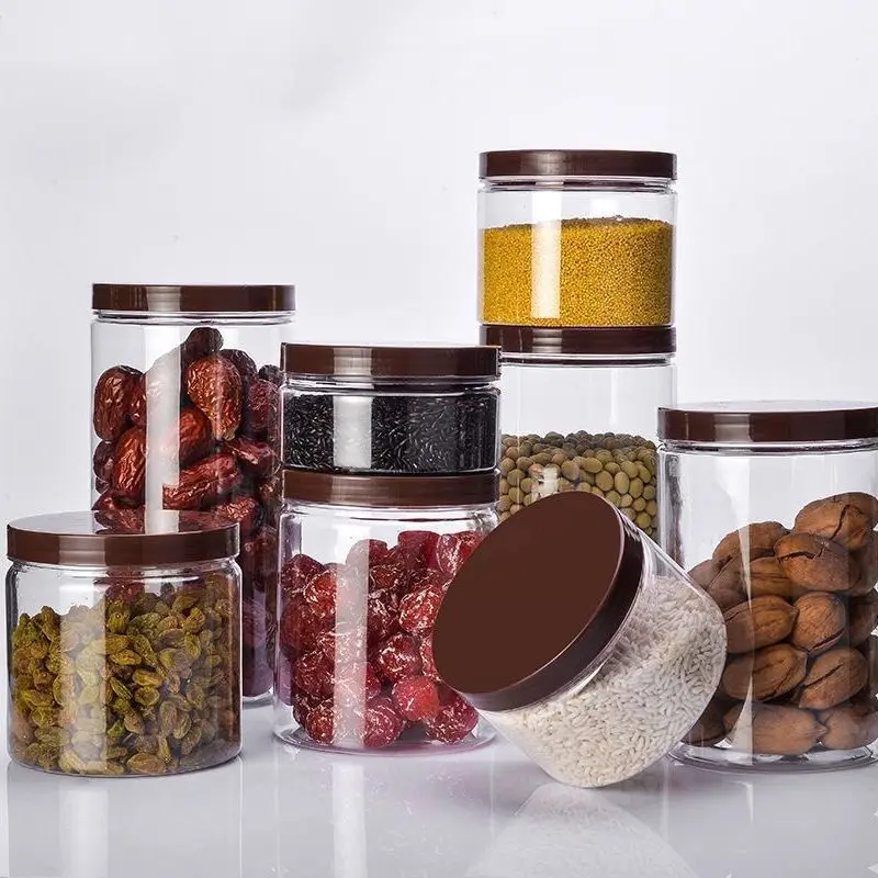 10Pcs Storage Jars With Coffee Colored Lid Multi-size Empty Food Sealed Jar Clear Plastic Grain Tank Candy Cookie Packaging Cans