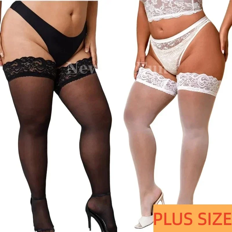 plus size Ultra thin Stockings for Women Thigh High Sheer Sexy over knee long Lace Socks Fashion JK Style Lingerie female Black