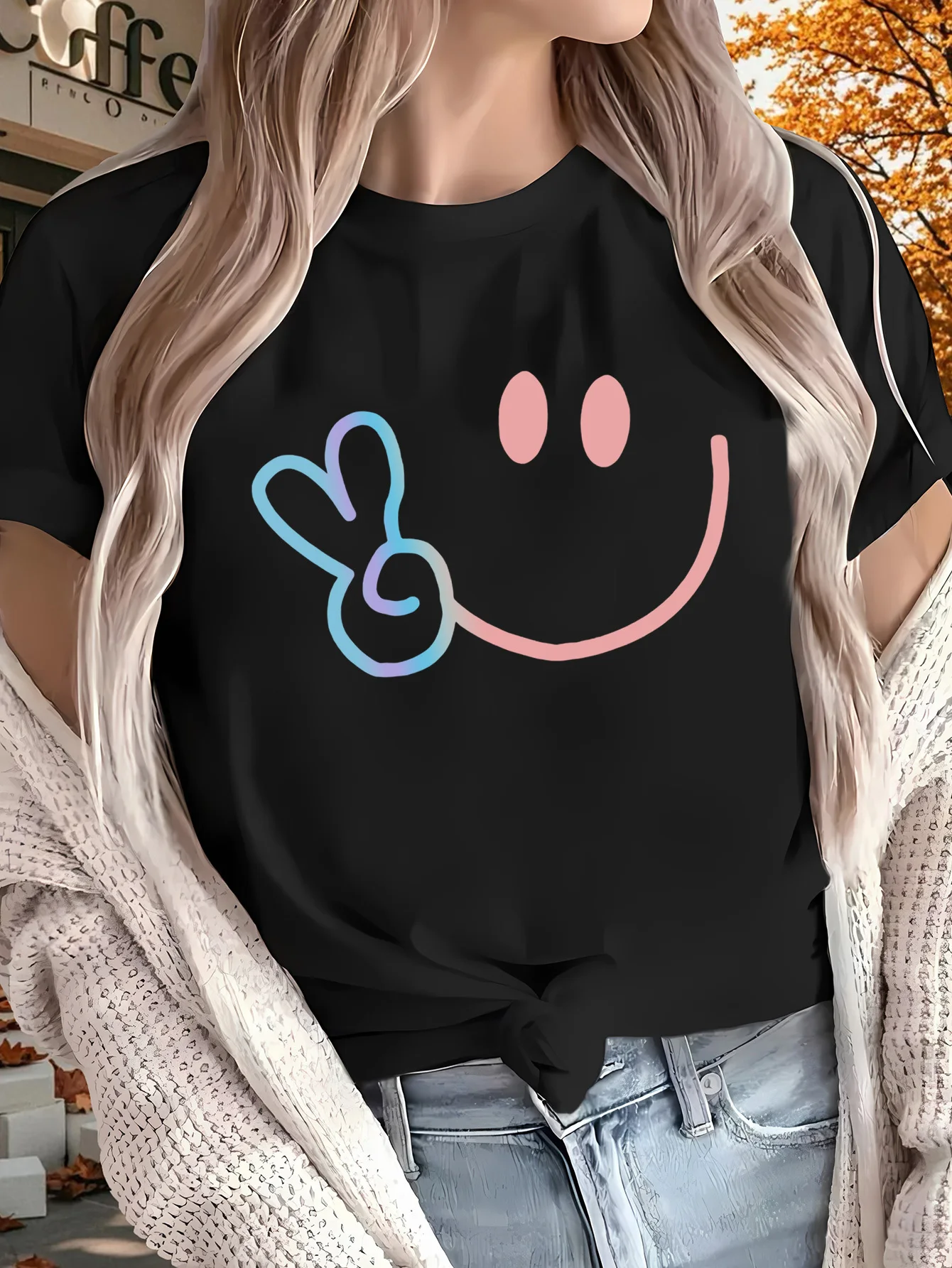 Cute and Happy Face Creative Pattern Printed Summer Women's Top Short Sleeve Round Neck Tee Women's Summer Casual Clothing