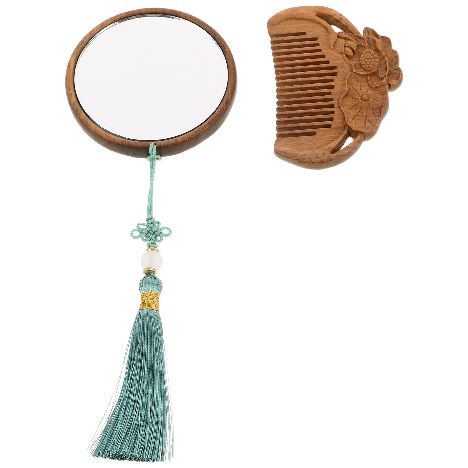 1Set Vintage Style Wood Comb and Mirror Set Hand-Carved Smooth Hair Care Tool High Clarity Reflection Portable Mini Makeup