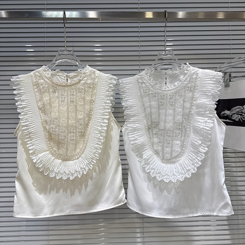 

2025 Summer new French style socialite sequin nail bead ruffle silk cotton thin elegant temperament versatile vest