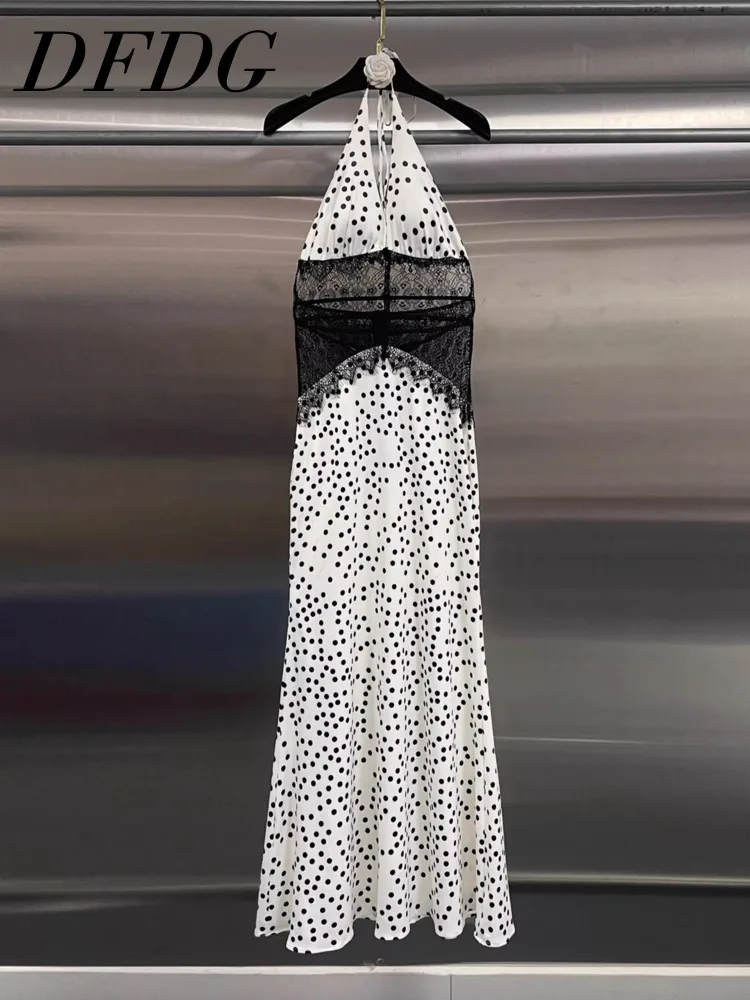 Sukienka damska DFDG, kolekcja wiosna-lato 2025, designerska sukienka w grochy, wiązana na szyi, dekolt w serek, koronka z efektem rzęs, wycięcia, odkryte plecy, seksowna długa suknia maxi.