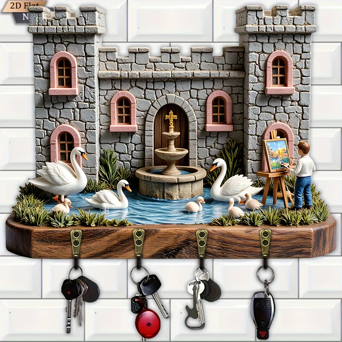 2D Flat, 1pc, European castle courtyard swan-themed Key hook, wooden multi-functional home key rack, with four metal hooks,