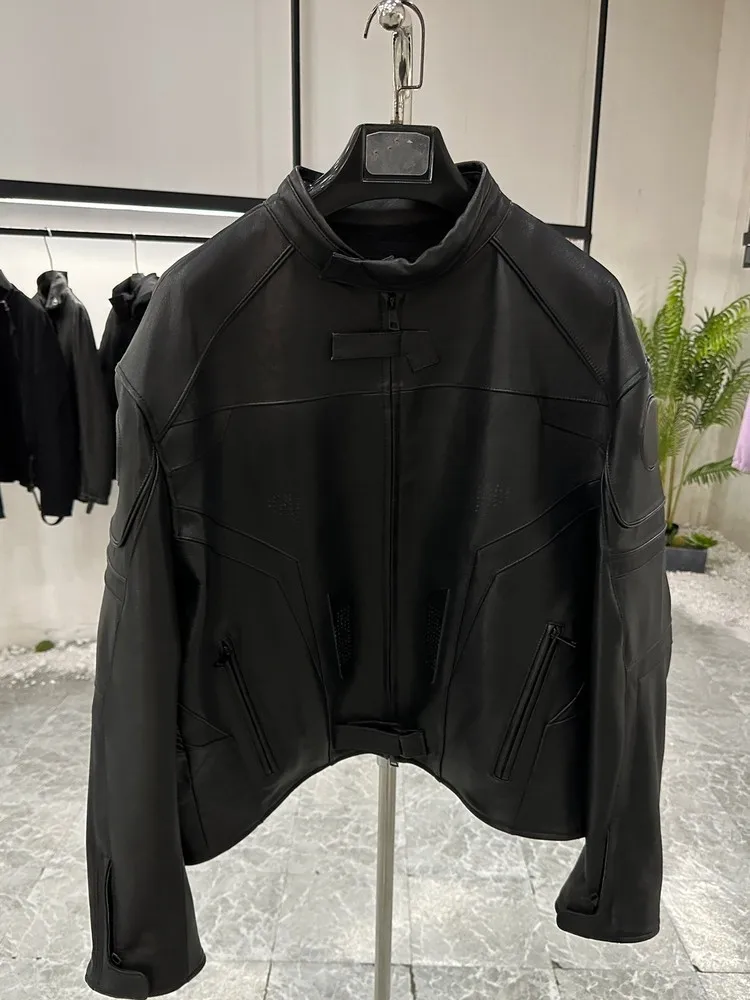 Luxury Mens Cowhide Genuine Leather Jacket Italian Designer Oversized Motorcycle Biker Coat Windproof Stand Collar Loose Jackets