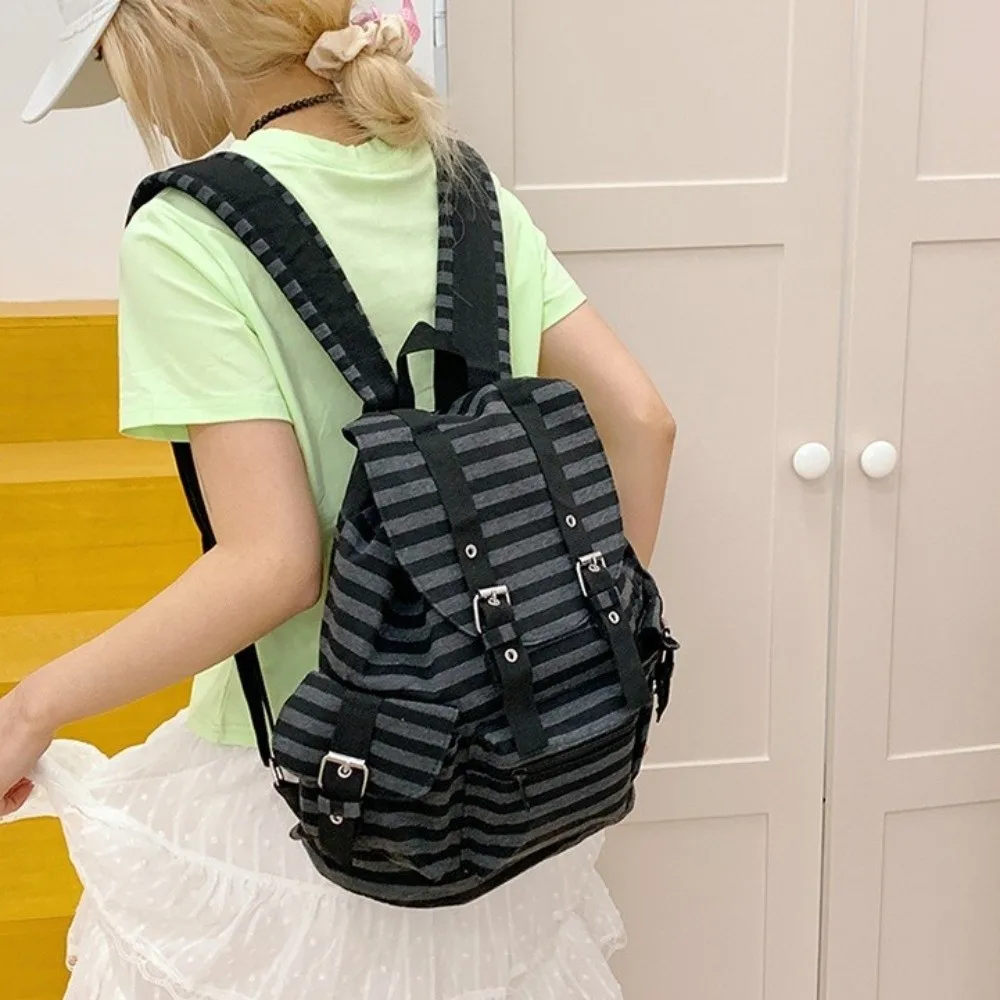 Casual Large Capacity Striped Backpack Korean Style Multi-pocket Students Schoolbag Y2K Nylon Hiking Camping Bag Women