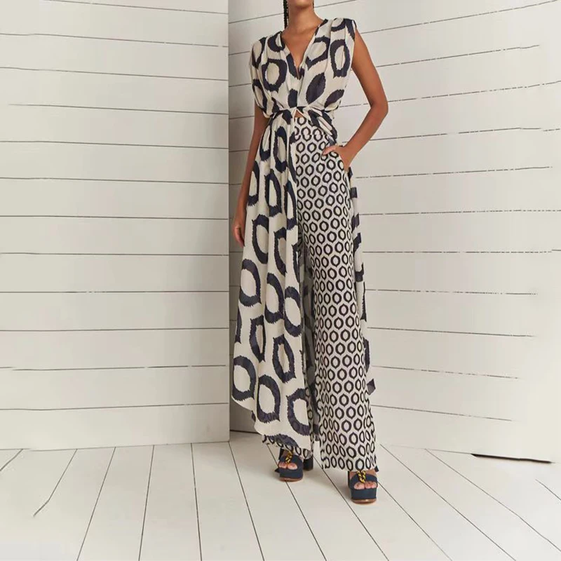 

Fashion New Two Piece Set Womens Clothing Elegant Printed Sleeveless V-Neck Backless Top and Casual Loose High Waist Pants Suit