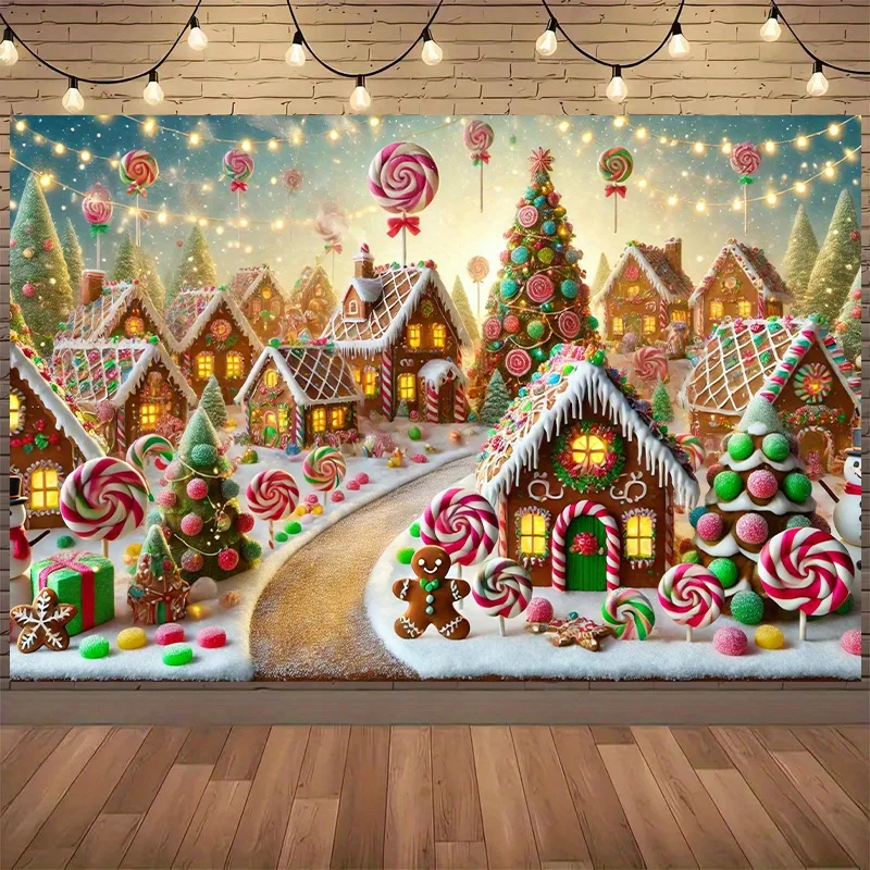 1 piece, gingerbread village Christmas happy scene background cloth, multifunctional wall decoration photography prop