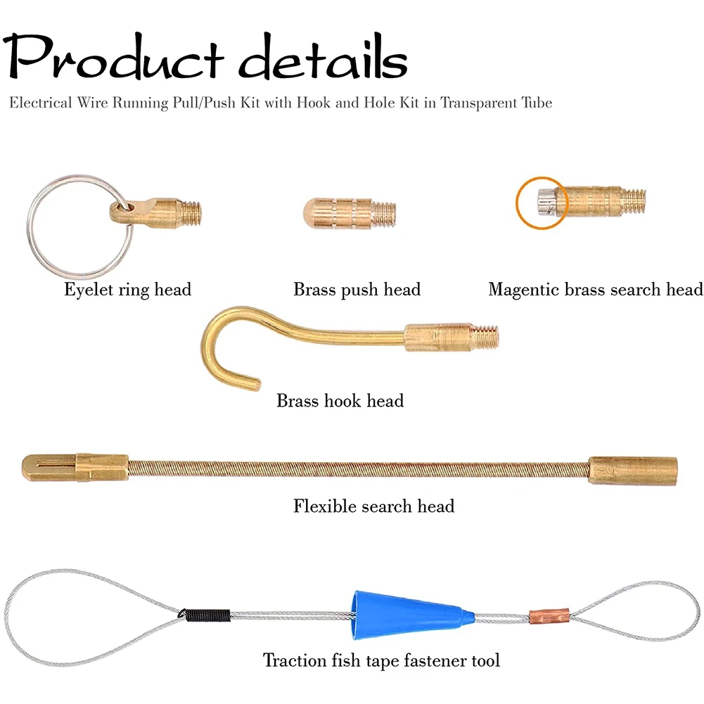 2026 New 30 Feet Fiberglass Fish Tape Cable Rods,Electrical Wire Running Push/Pull Kit with Hook and Hole Kit in Transparent Tub