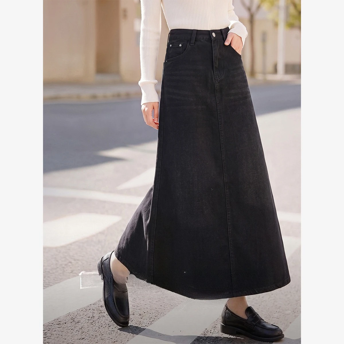 VIMLY Black Denim Midi Skirt for Women 2026 Fall Fashion Versatile A-line Flared Skirt Fashion High Waist Female Clothing 31903