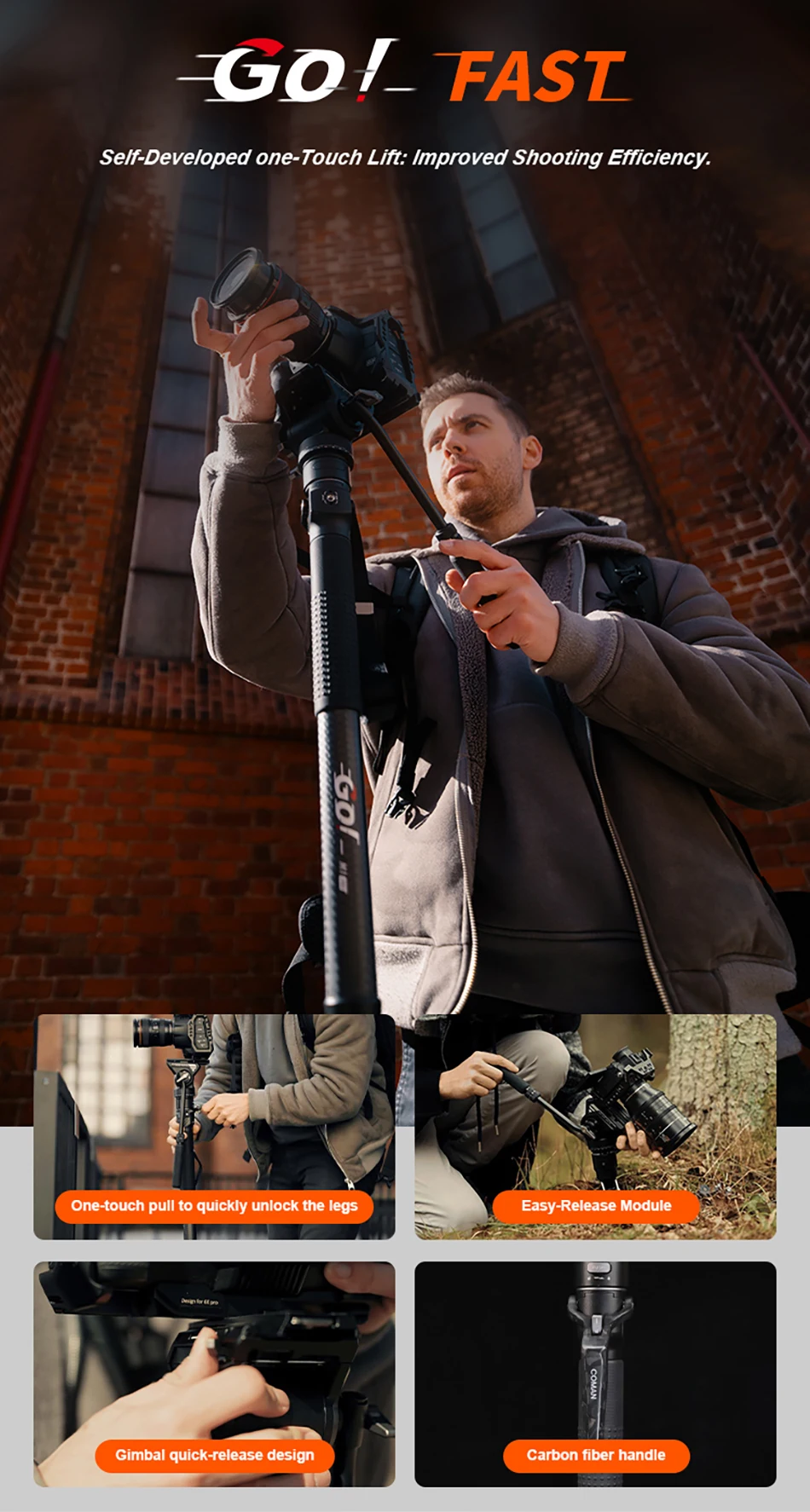 COMAN M1S Carbonfaser-Einbeinstativ Leichtgewichtige Schnellwechselplatte DSLR-Kamera Reisestativ Ein-Klick-Hebesystem – Detail 9