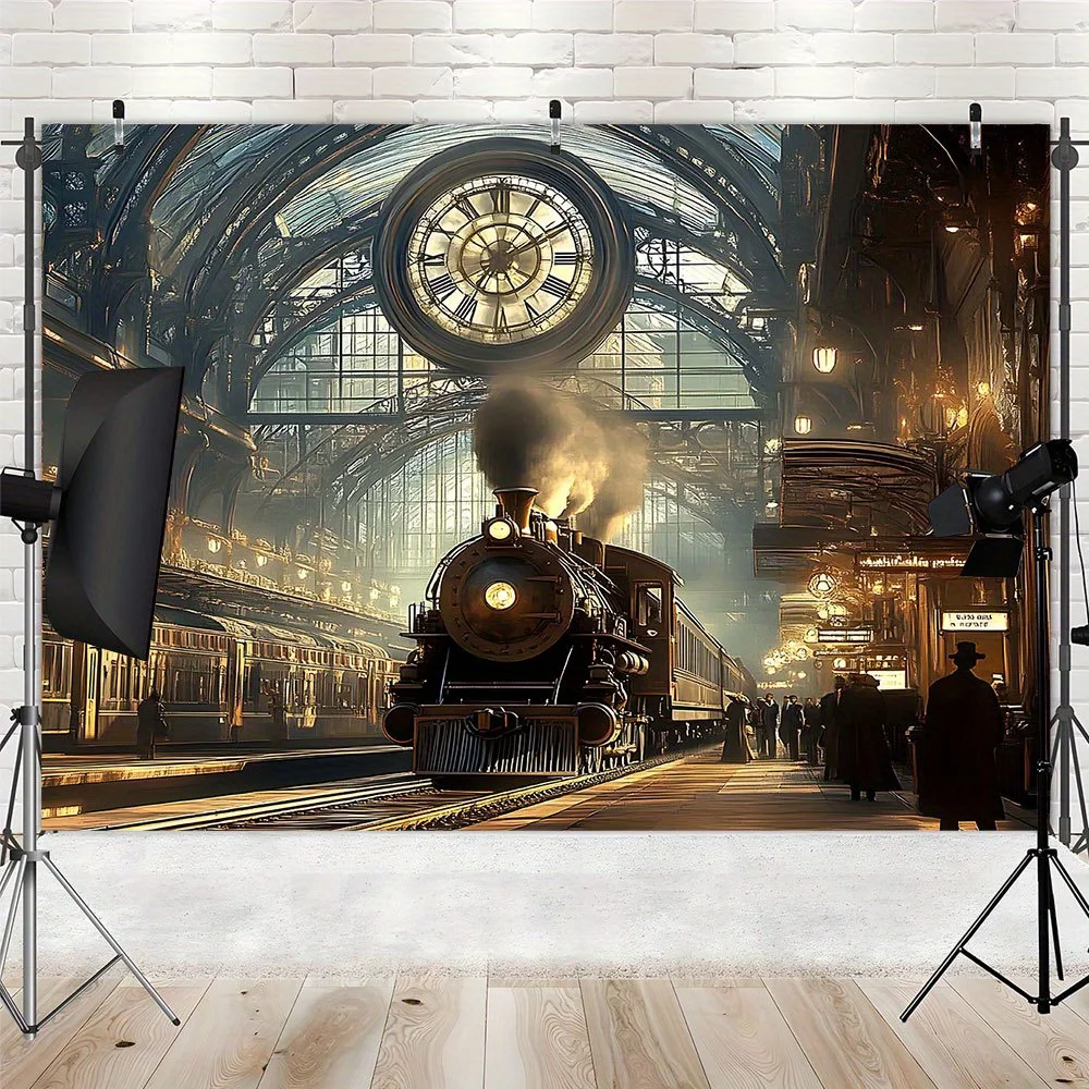 Vintage Steam Train Tapestry Wall Hanging Retro Railway Station Clock Art Fabric Poster for Living Room Bedroom Home Decor