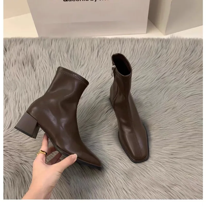 Elastic Socks Boots Fashion Ankle Boots Women High Heel Thicks  Heel Square Toe Short Boots Women Retro New Ladies Shoes
