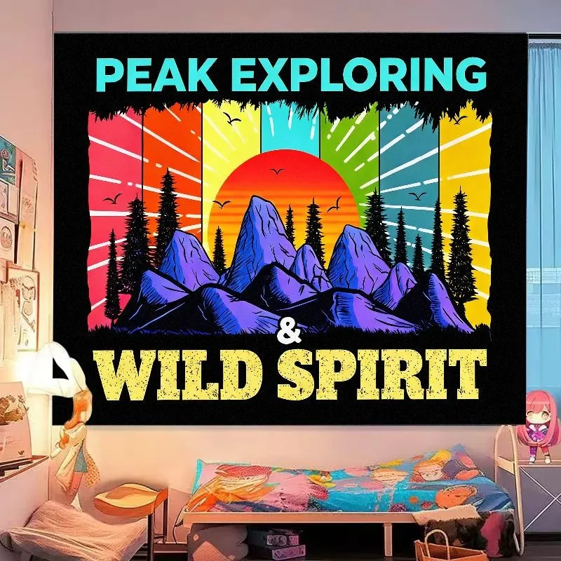 VIKAMA Peak Exploring Wild Spirit Tapestry Retro Mountain Forest Graphic Wall Hanging Decor Camping Bedroom Dorm Room