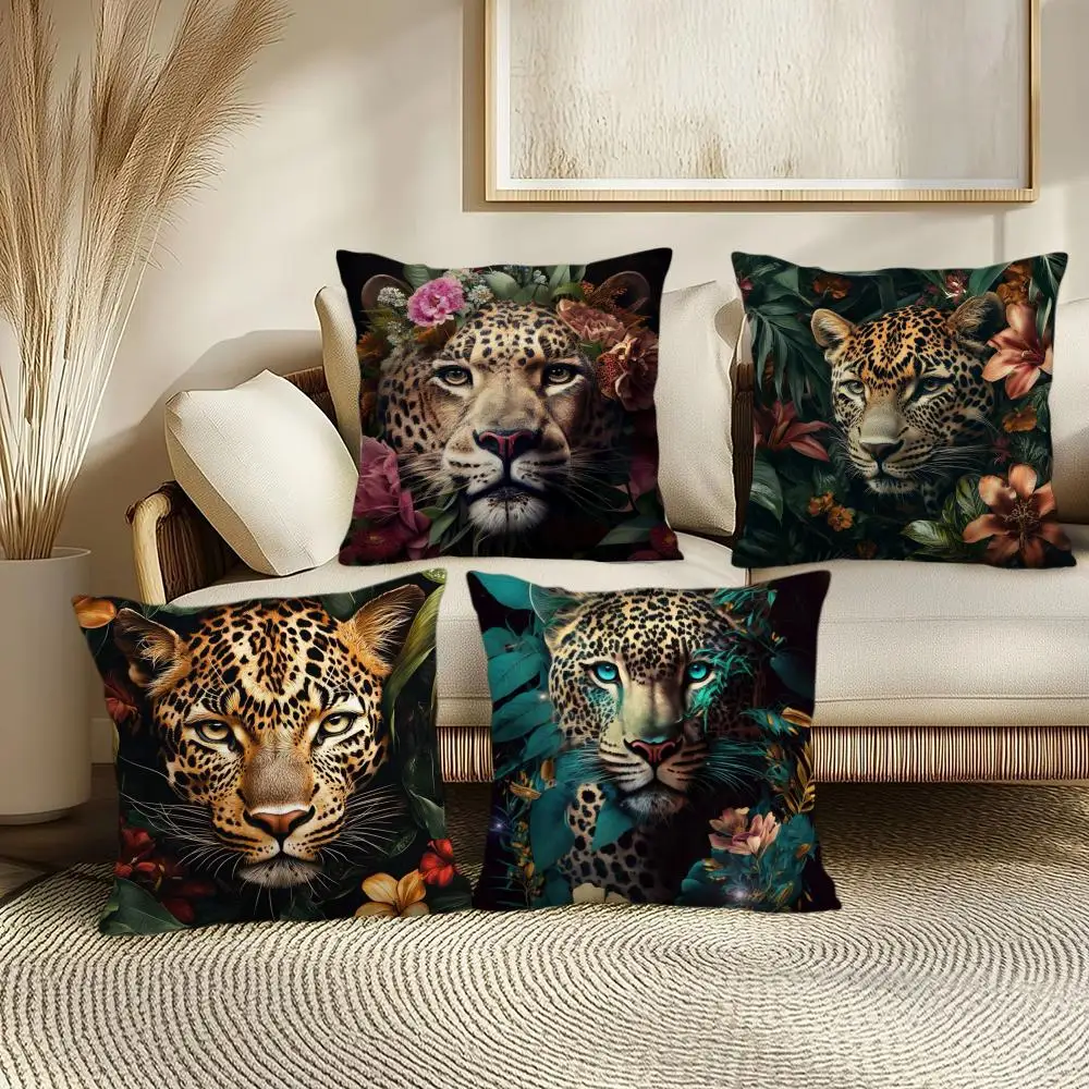 Leopard With Wreath Animals  Cushion Cover Soft Short Plush Pillow Cover Smooth Cozy Texture Aesthetic Cushion Case Home Decor