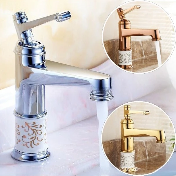 

Quality blue and white porcelain rose gold hot and cold basin faucet bathroom table high and handsome washbasin faucet
