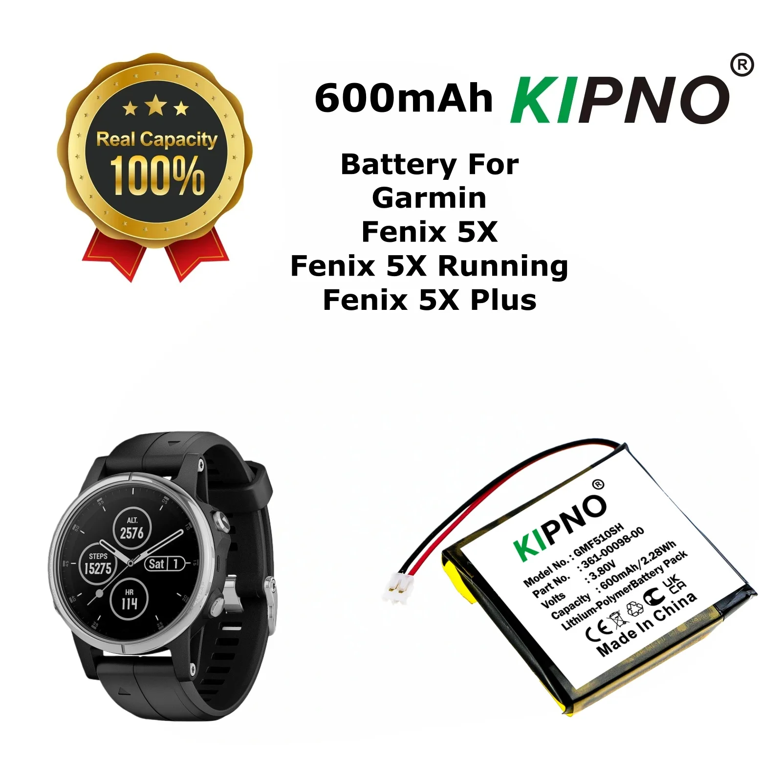 KIPNO Smartwatch Battery 3.7V/600mAh 361-00098-00 for Garmin Fenix 5X,Fenix 5X Running,Not fit Fenix 5s Plus