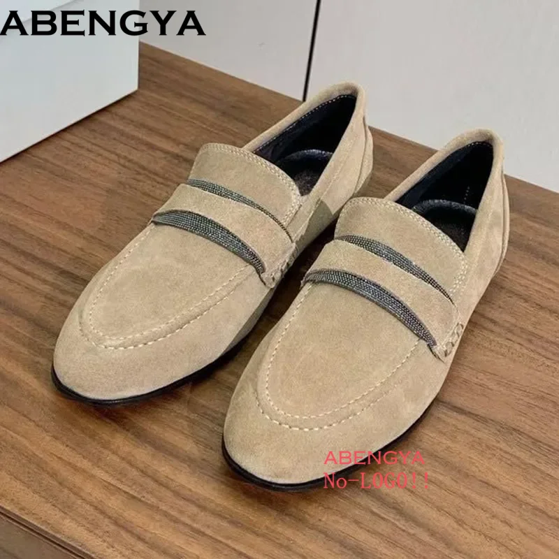 

Spring Suede Leather Loafers Woman String Bead Slip-on Mules Round Toe Casual Flat Shoes Casual Shoes Shoes For Women