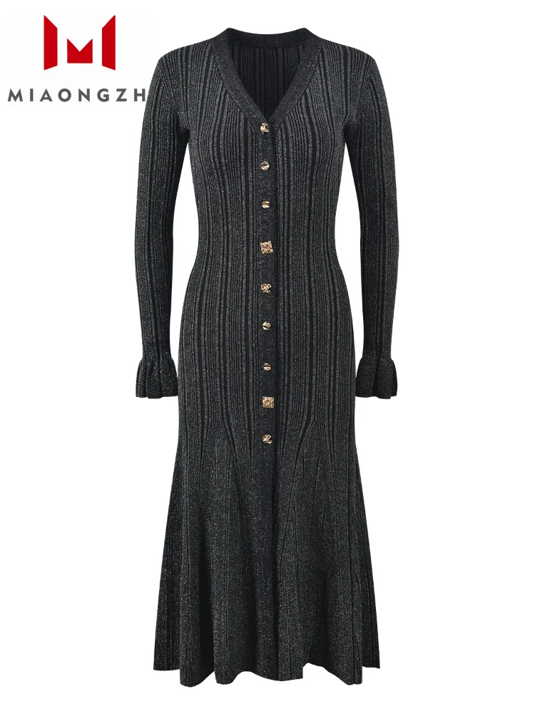 

Temperament Knitted Dress For Women V Neck Long Sleeve Slimming 2025 New Single Breasted Female Luxury Party Dresses Knitwear