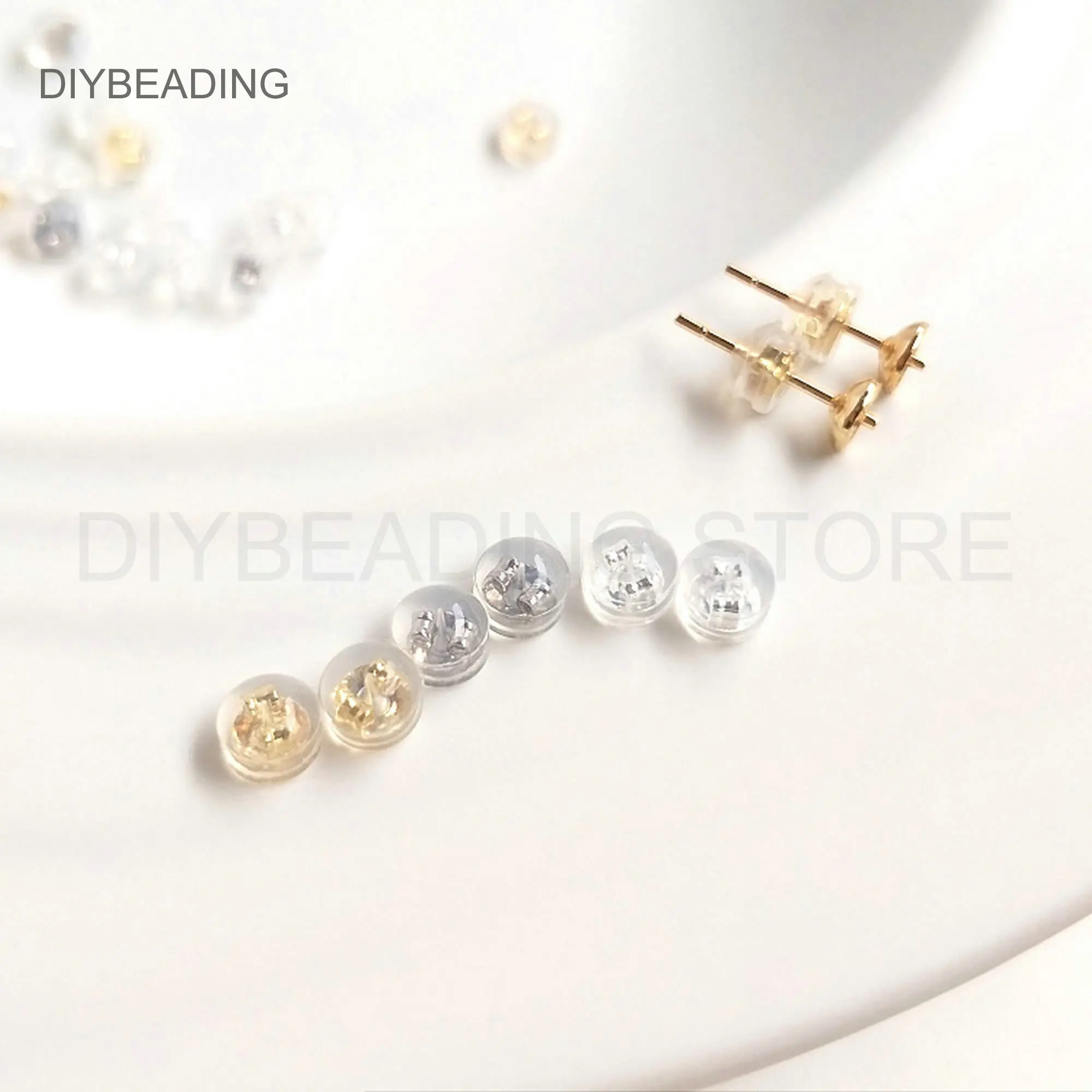 Rubber Earring Stopper Nuts Finding Silver/ 14K Gold/ White Gold Plated Mushroom Safety Ear Backs with Clear Cover