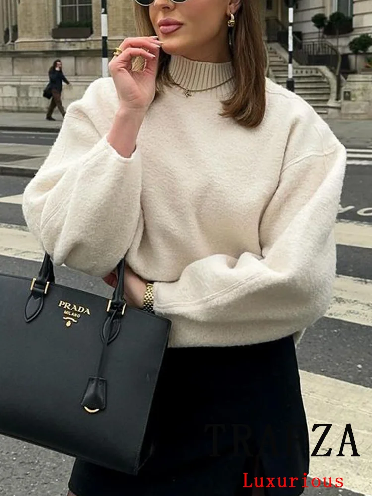 TRAFZA Vintage Casual Chic Women Lambwools Hoodies O-Neck Long Sleeve Oversized Pullovers Fashion 2024 Autumn Winter Warm Tops