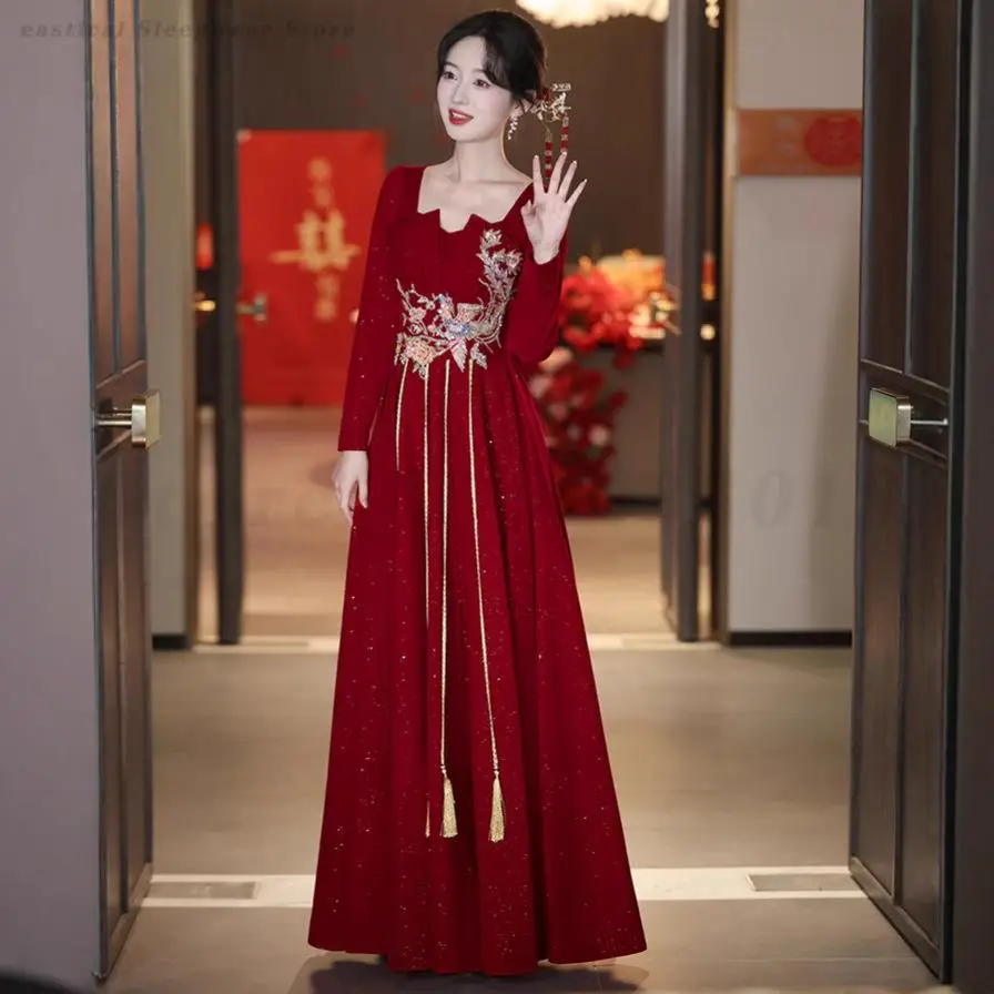 

New Chinese Style Wedding Party Dress Bride's Toast Clothes Elegant Temperament Long Cheongsam Plus Size Engagement Gown Qipao