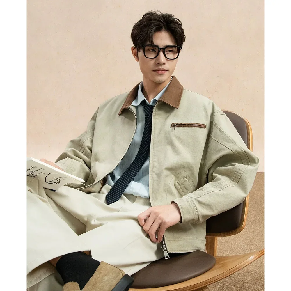 

Мужская деловая повседневная модная винтажная свободная короткая куртка-карго из чистого хлопка, мужская корейская уличная одежда, пальто, верхняя одежда