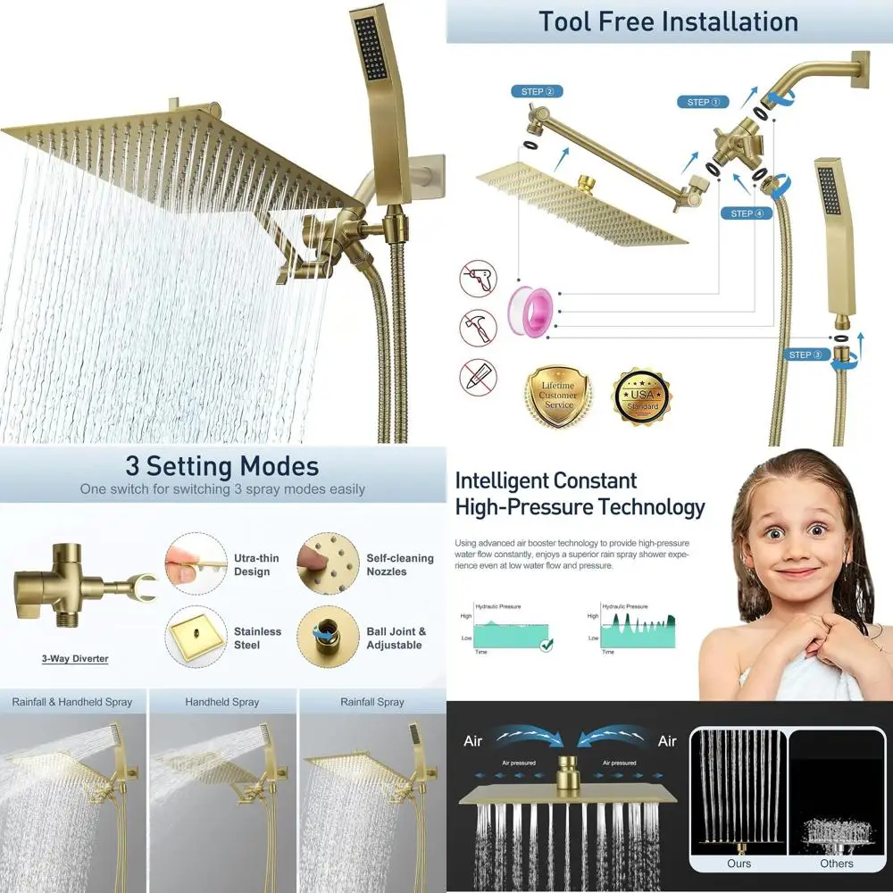 10 Metal Rain & Handheld Shower Combo with Adjustable Arm, 70 Hose, 3-Way Diverter, Brushed Gold