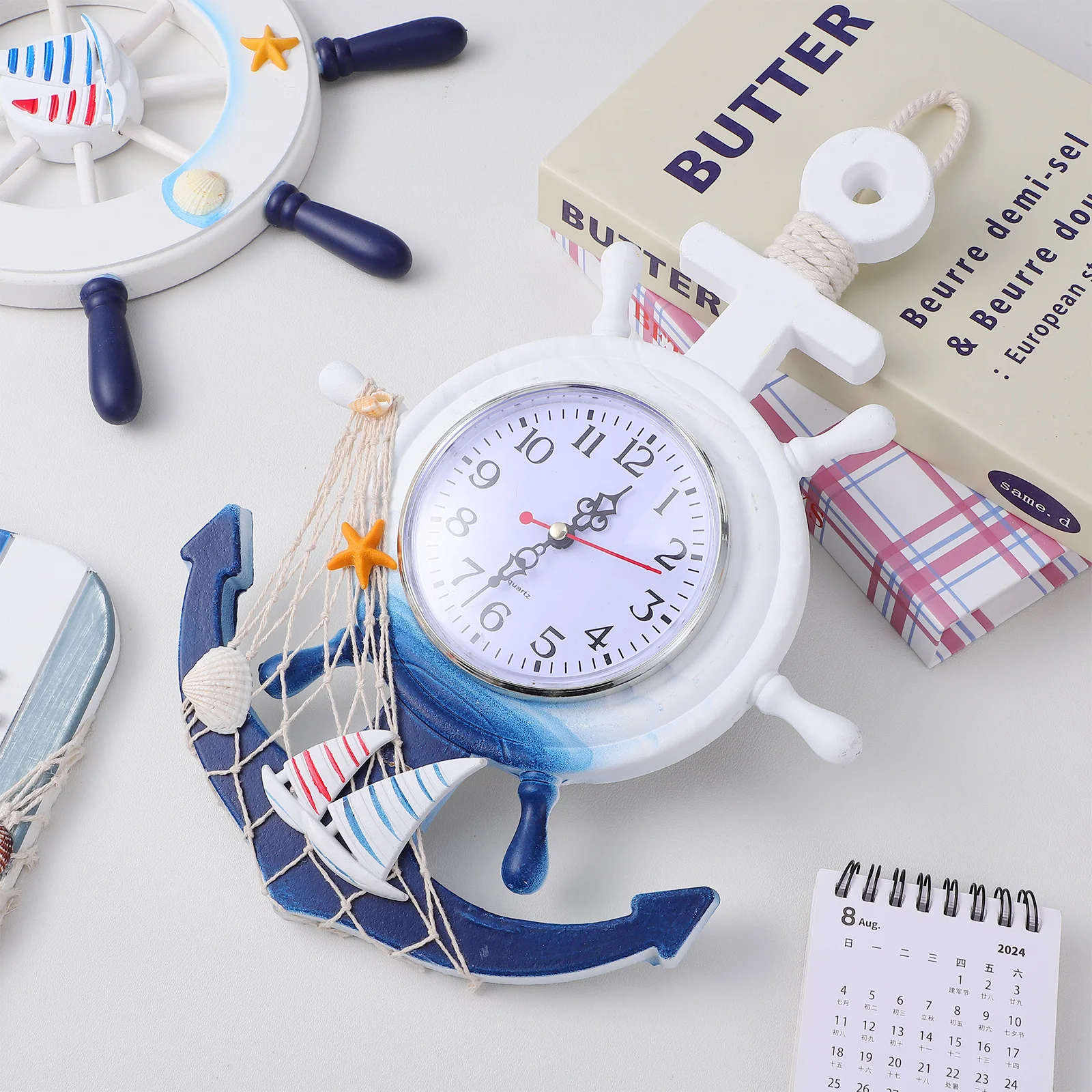 

Boat Anchor Wall Clock Creative Wooden Plastic Material for Bedroom Mediterranean Style Hanging Decorative Clock