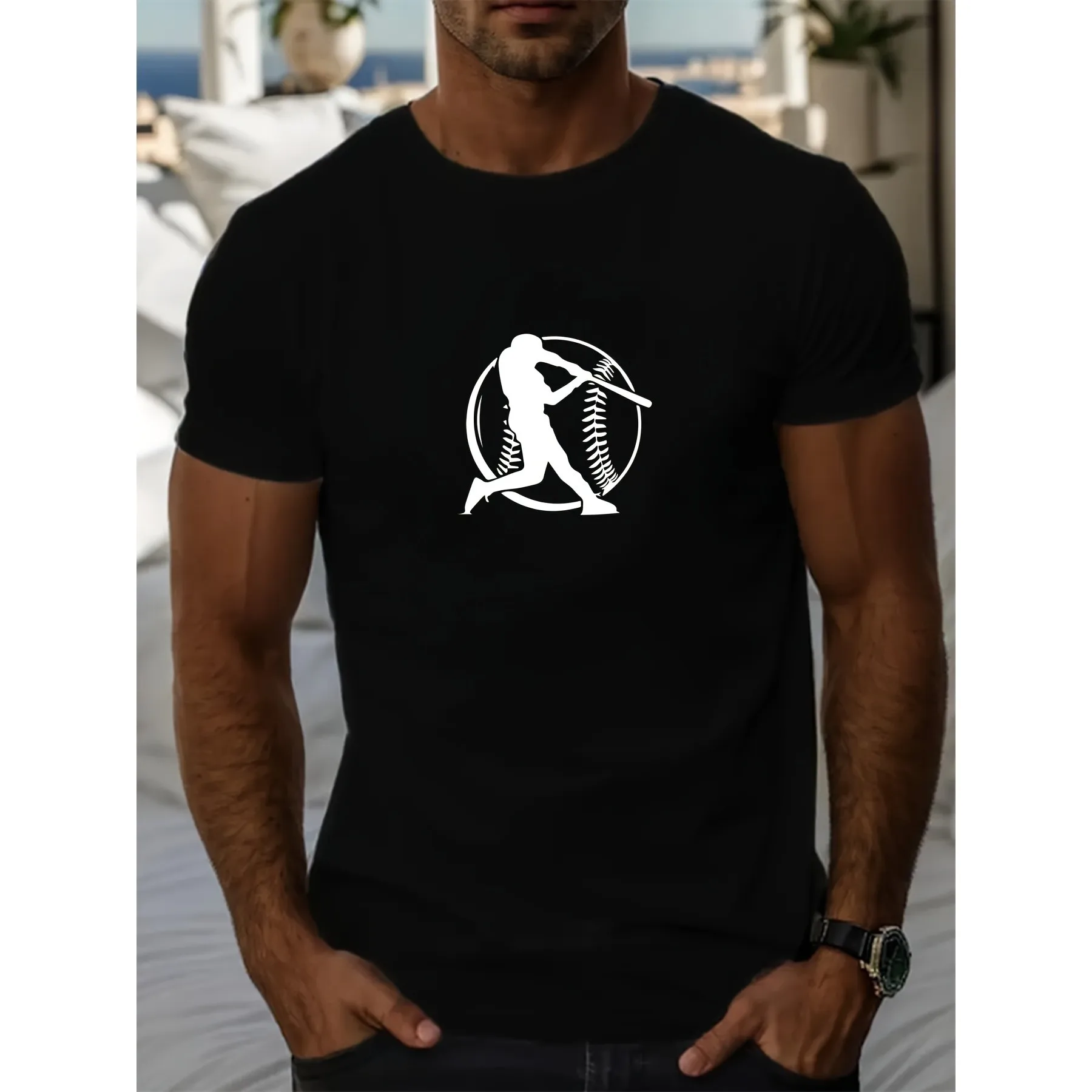 Baseball Batter Graphic Tee for Men, Short Sleeve Round Neck Cotton T-Shirt, Casual Summer Daily Wear