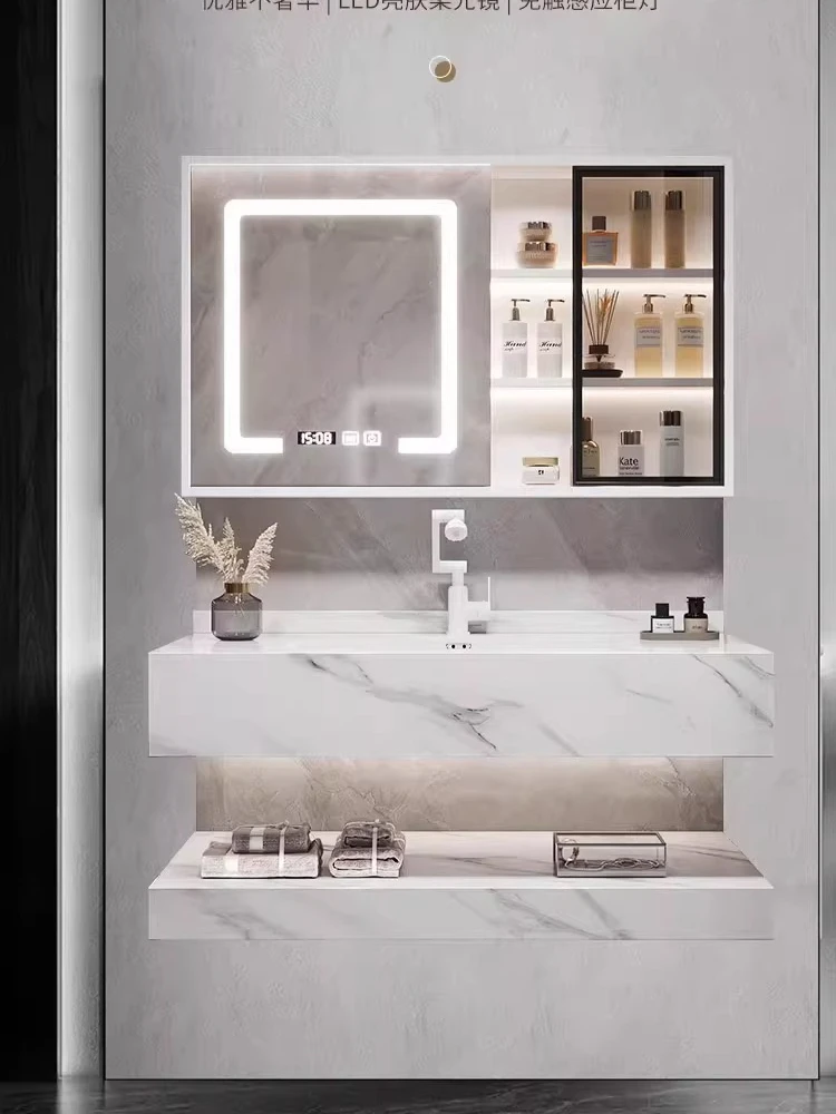 

Hotel wind double-layer rock slab seamless integrated basin smart bathroom cabinet combination washstand pool