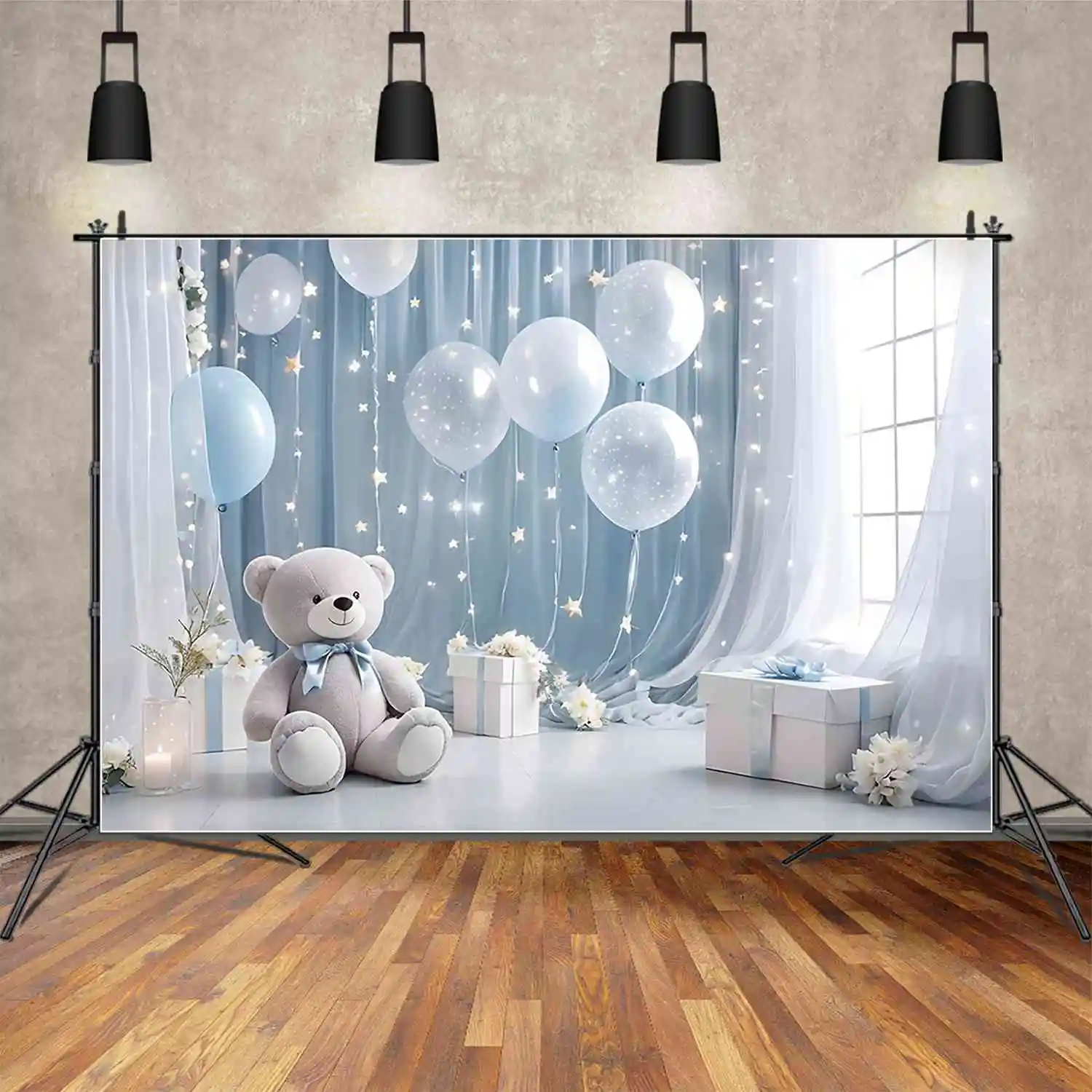 MOON.QG Blue White Curtain One Birthday Background Boy Draping Cloth Teddy Bear Balloon Backdrop Custom Party Photocall Props