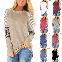 Autumn and Winter Women's T-shirt Round Neck Long Sleeve Striped Printed Solid Colour Casual Loose Women's Tops