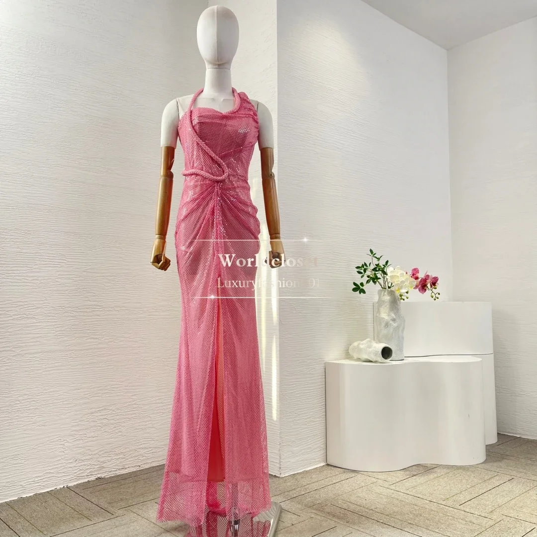 

Beading Mermaid Fishtail Maxi Dress 2025 New Beautiful Pink Sleeveless Tube Sequin Attractive