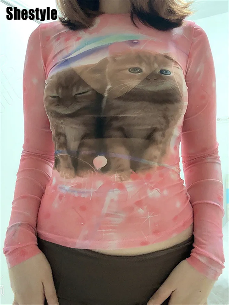 

Shestyle Full Sleeve Cat Print Y2K Pink Mesh T-Shirt 2024 Autumn Round Neck Slim Thin Animal Dopamine Crop Tops Lovely Tees